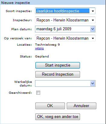 Inspecties Veelal zullen de inspecties via de PDA in het veld worden ingevoerd. Er bestaat ook de mogelijkheid om de inspecties op de PC in te voeren.