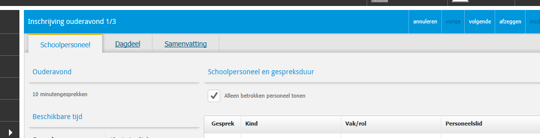 periode. In het tabblad dagdeel kunt u aangeven of u vroeg of laat in de avond een gesprek wilt. In het tabblad samenvatting ziet u wat u gekozen heeft.