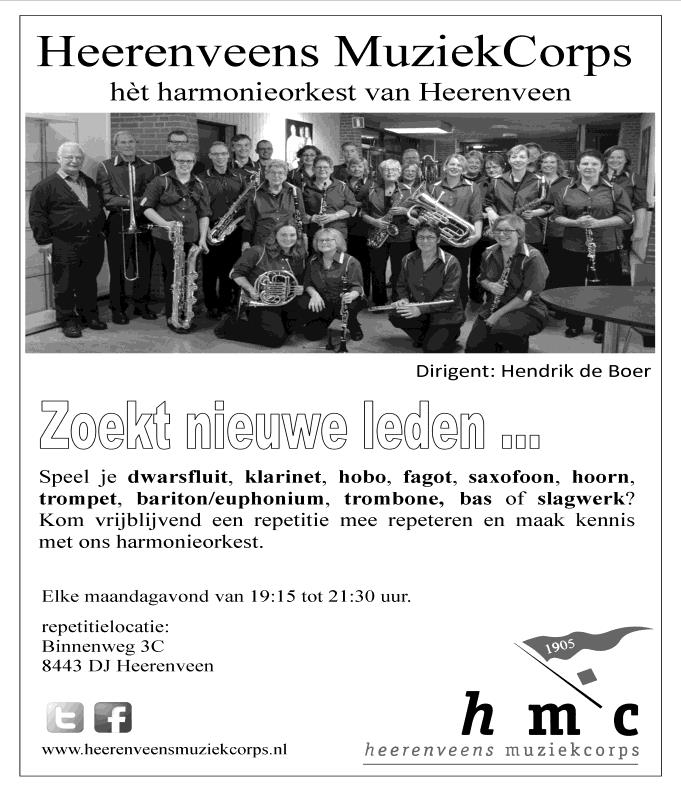 HMC zoekt nieuwe muzikanten HEERENVEEN Het Heerenveens MuziekCorps (HMC) is op zoek naar muzikanten, die het harmonieorkest willen versterken. Het HMC heeft een enthousiaste groep van dertig leden.