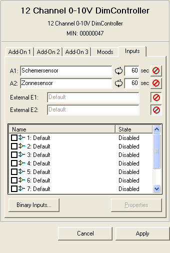 Instellen adressen analoge ingang A1 en A2: Busrepeat(*) Adres ingang A1 Adres ingang A2 Ingang in-uitschakelen (*)Busrepeat: Deze tijd is instelbaar tussen 0 en 255 seconden en bepaalt het interval