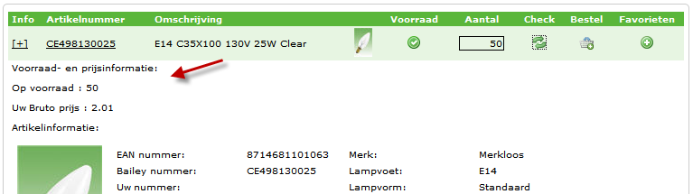 Door op [+] of het artikelnummer te klikken wordt uitgebreide artikelinformatie getoond.