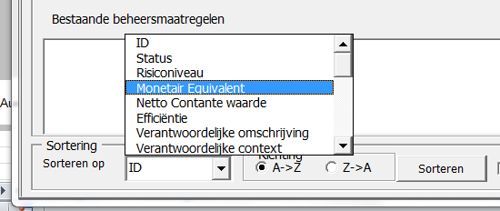 Voorbeeld 2 invoeren kansen en effecten voor een risico (figuur 5.4): Figuur 5.4 Bepalen waarde van het risico via keuzelijst In figuur 5.