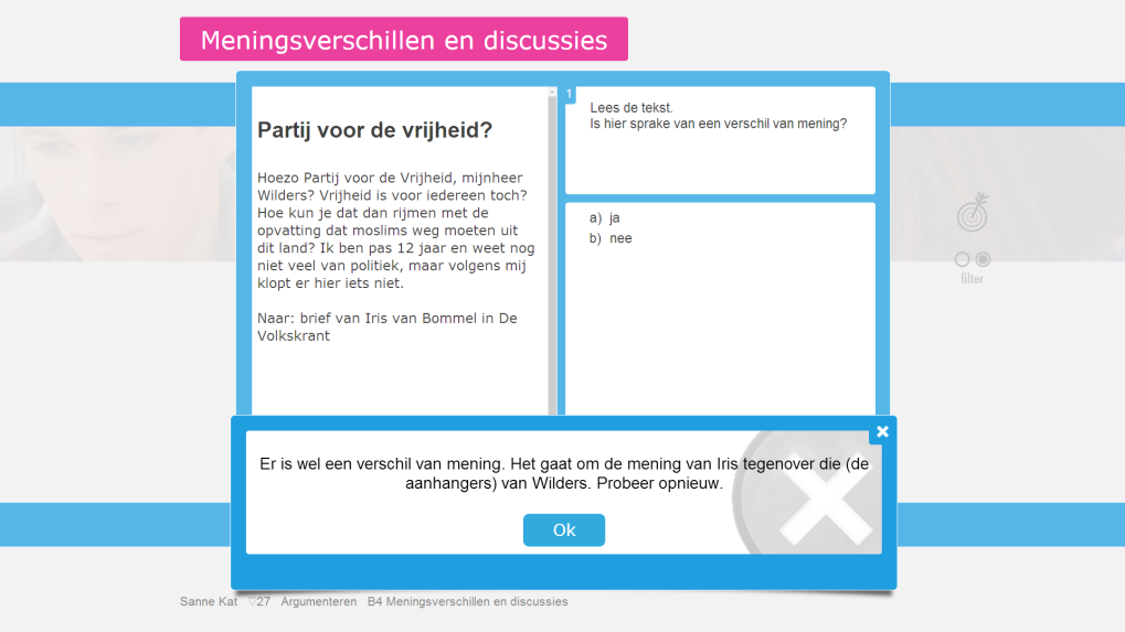 Oefening B4 gaat over meningsverschillen in discussies. Het is de laatste oefening van rubriek B. Alle stof van de rubriek komt in deze oefening samen. Men krijgt feedback op foute antwoorden.