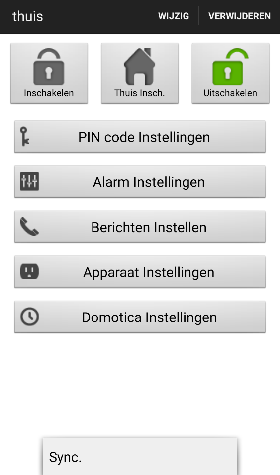 In- en Uitschakelen van het alarm Om alarmmodus te wijzigen, tik op: Inschakelen, Thuis Inschakelen of uitschakelen.