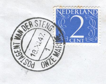 Plezierjacht VAN DER STENG (Koninklijke Marine) Dienstorder No H.539 van 24 september 1947: Vestiging postagentschap. Aan boord van het contactvaartuig van der Steng" van de Stichting het Alg. Ned.