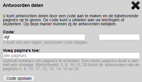 Voor antwoorden: open het antwoordenmenu: en klik op de knop Antwoorden delen via code: Het onderstaande venster verschijnt: Het antwoordenmenu kan alleen worden geopend als de Silverpoint antwoorden