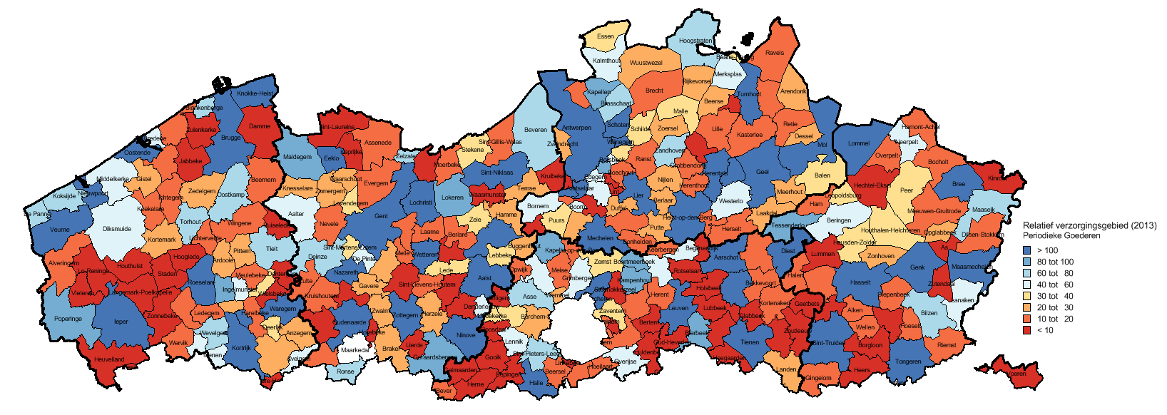 Figuur 9: Relatief verzorgingsgebied voor periodieke goederen ten opzichte van het aantal inwoners, 2013 Bron gegevens: Locatus