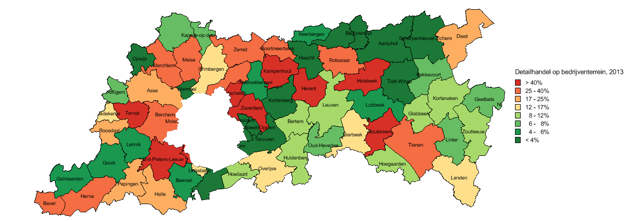 Wordt vervangen door Vlaamse kaart na update data 2014 Figuur 15: Percentage detailhandel (wvo, s.s.) gesitueerd op een bedrijventerrein voor de provincie Vlaams-Brabant Bron: Locatus, 2014.