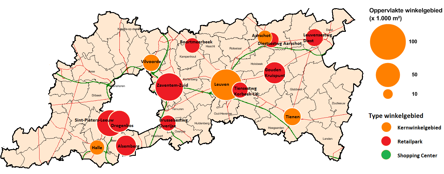 Wordt vervangen door Vlaamse kaart na update data 2014 Figuur 19: Top-15 winkelgebieden in provincie Vlaams-Brabant naar totale