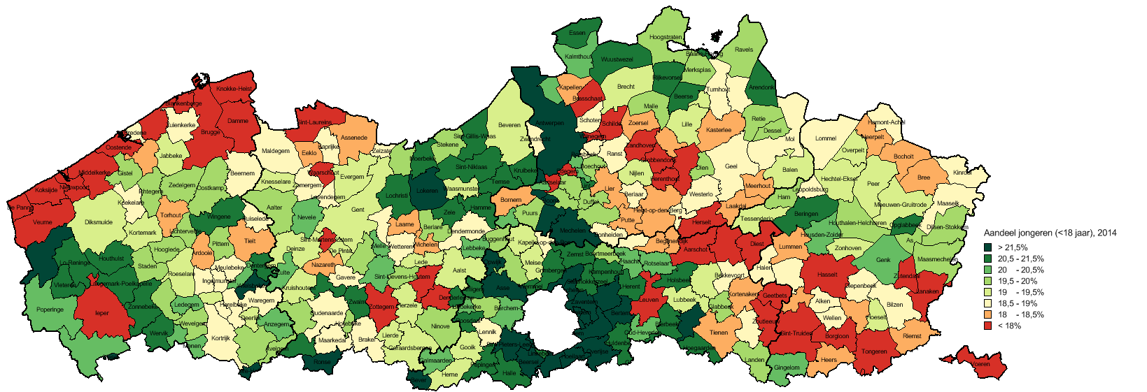 Figuur 5: Aandeel jongeren (<18 jaar) Bron: Studiedienst Vlaamse Regering - Kaart: IDEA