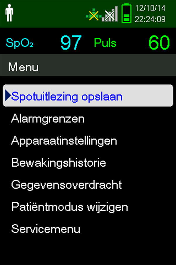 Patiëntbewaking 4.4.2 Een spotuitlezing opslaan Met de functie Spotuitlezing opslaan worden de gegevens van de patiënt van een bepaald moment opgeslagen. Een spotuitlezing opslaan 1.