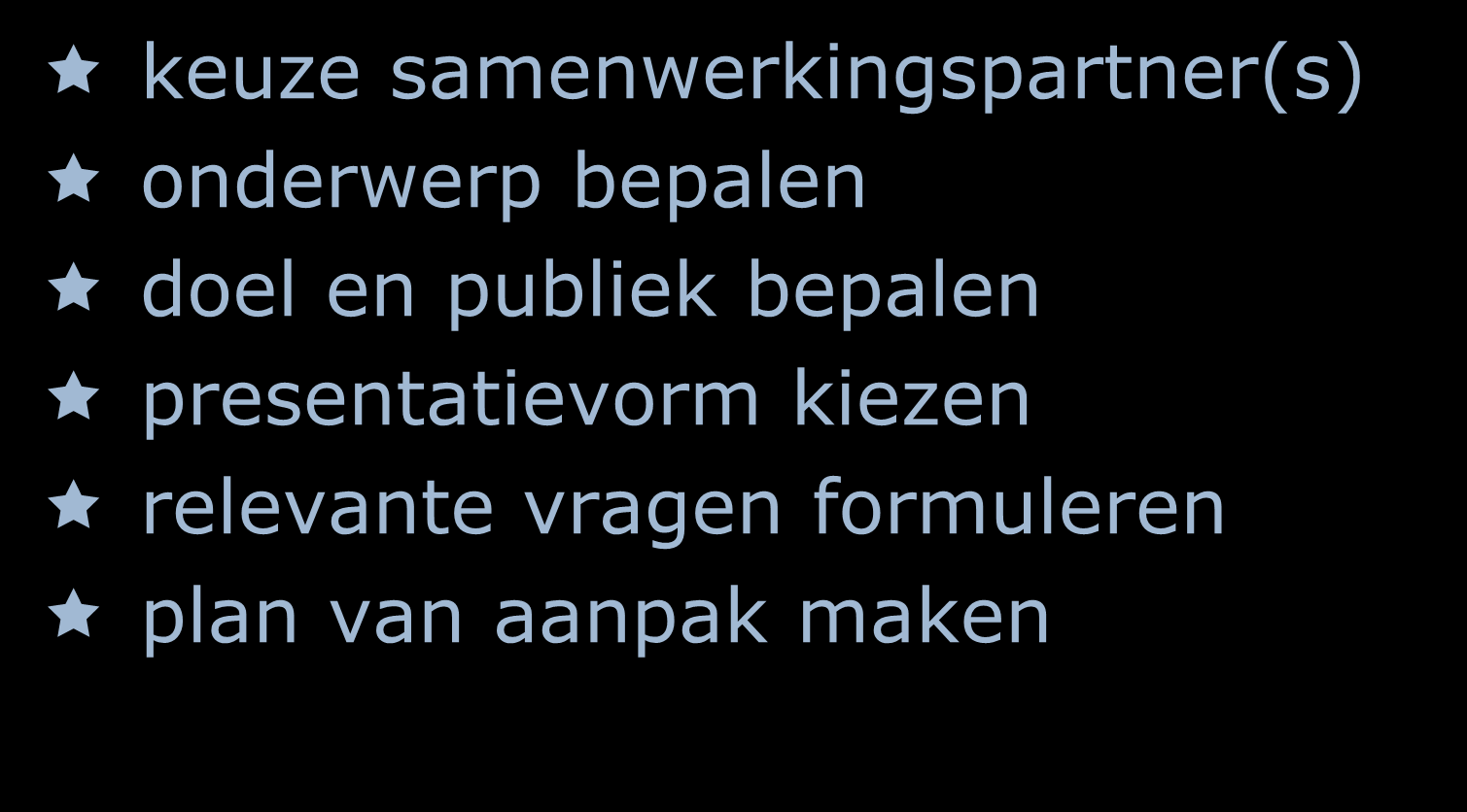 Voorbereidingsfase (5 uur) keuze samenwerkingspartner(s) onderwerp bepalen doel en