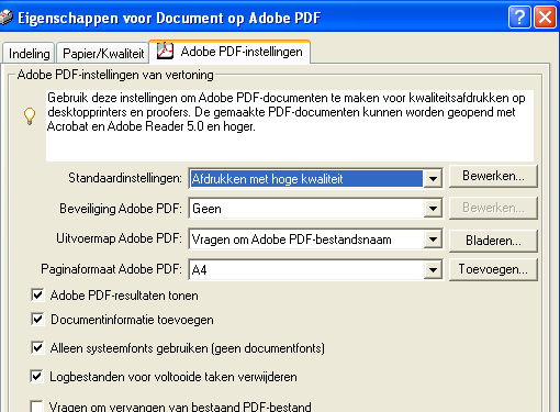 Ga vervolgens naar Eigenschappen / onder het tabblad Adobe PDFinstellingen en selecteer onder Standaardinstellingen Afdrukken met hoge kwaliteit.