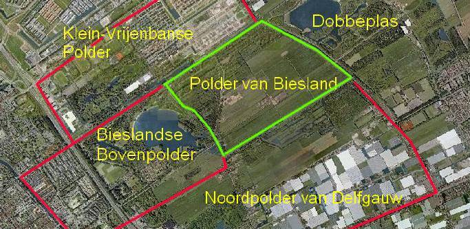 De geschiedenis van de Polder van Biesland De ligging en het huidige gebruik De Polder van Biesland ligt ingeklemd tussen de Bieslandse Bovenpolder met het gebied van de Delftse Hout aan de zuidwest