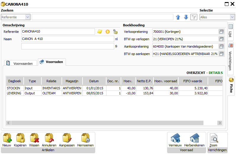 In het tabblad Voorwaarden van de artikelfiche van artikel Canon A410 is de voorraadhoeveelheid na aanmaak van Fac 1 nog steeds dezelfde (30 stuks).