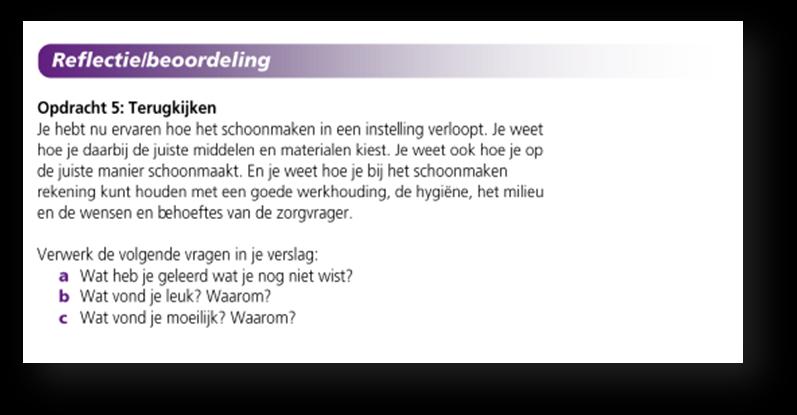 Na de uitvoering van de BPV-opdracht is er een moment van reflectie. De student wordt gevraagd om terug te kijken op de uitvoering en hiervan een verslag te schrijven.