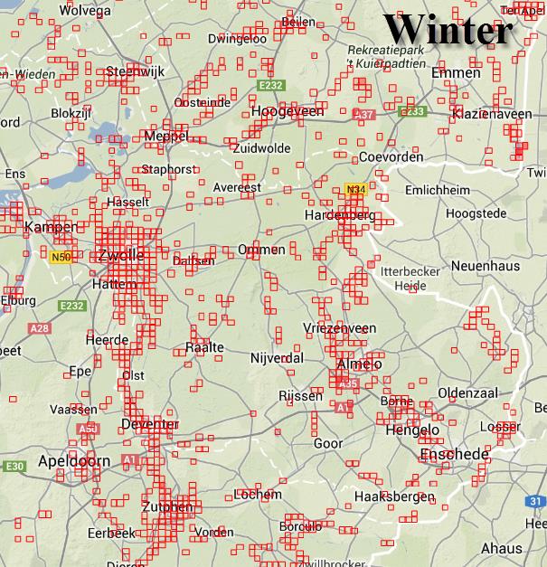 Figuur 10.2 Verspreiding van de Wilde eend in Overijssel in de winter en de zomer in de periode 2009-2013 (Bron: Waarneming.