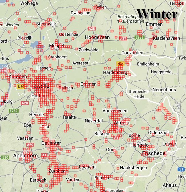 Figuur 11.2 Spreiding van Meerkoeten in Overijssel in de winter en de zomer in de periode 2009-2013 (Bron: Waarneming.