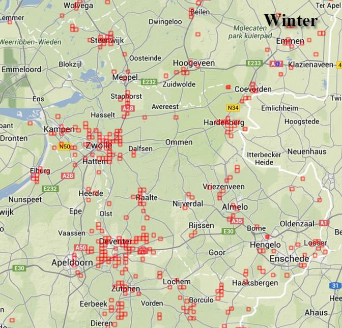 Figuur 12.2 Verspreiding van de Roek in Overijssel in de winter en de zomer in de periode januari 2008 tot januari 2014 (Bron: Waarneming.nl) Het aantal broedparen is in Nederland is ongeveer 64.