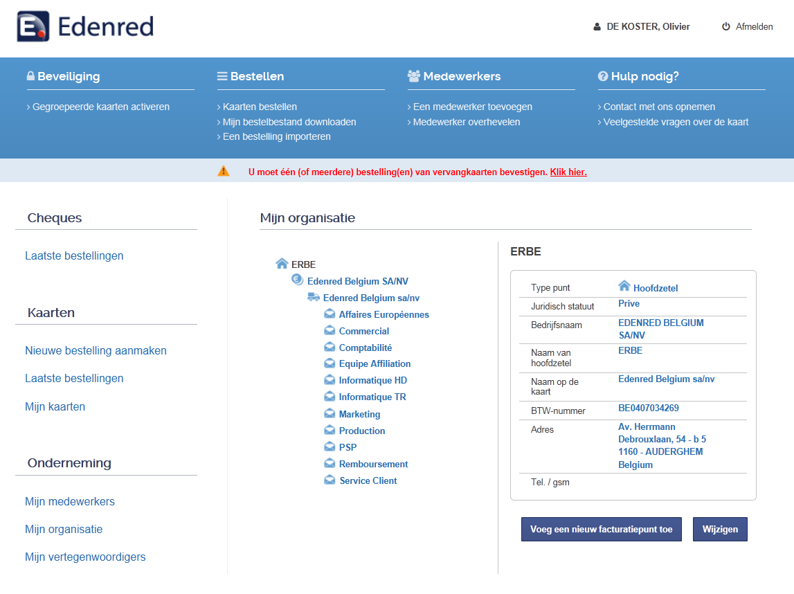 11. Uw Klantenruimte - Onderneming 11.1 Mijn organisatie Selecteer in het deel Onderneming het tabblad «Mijn organisatie». Op dit tabblad vindt u de structuur die wij hebben van uw onderneming.