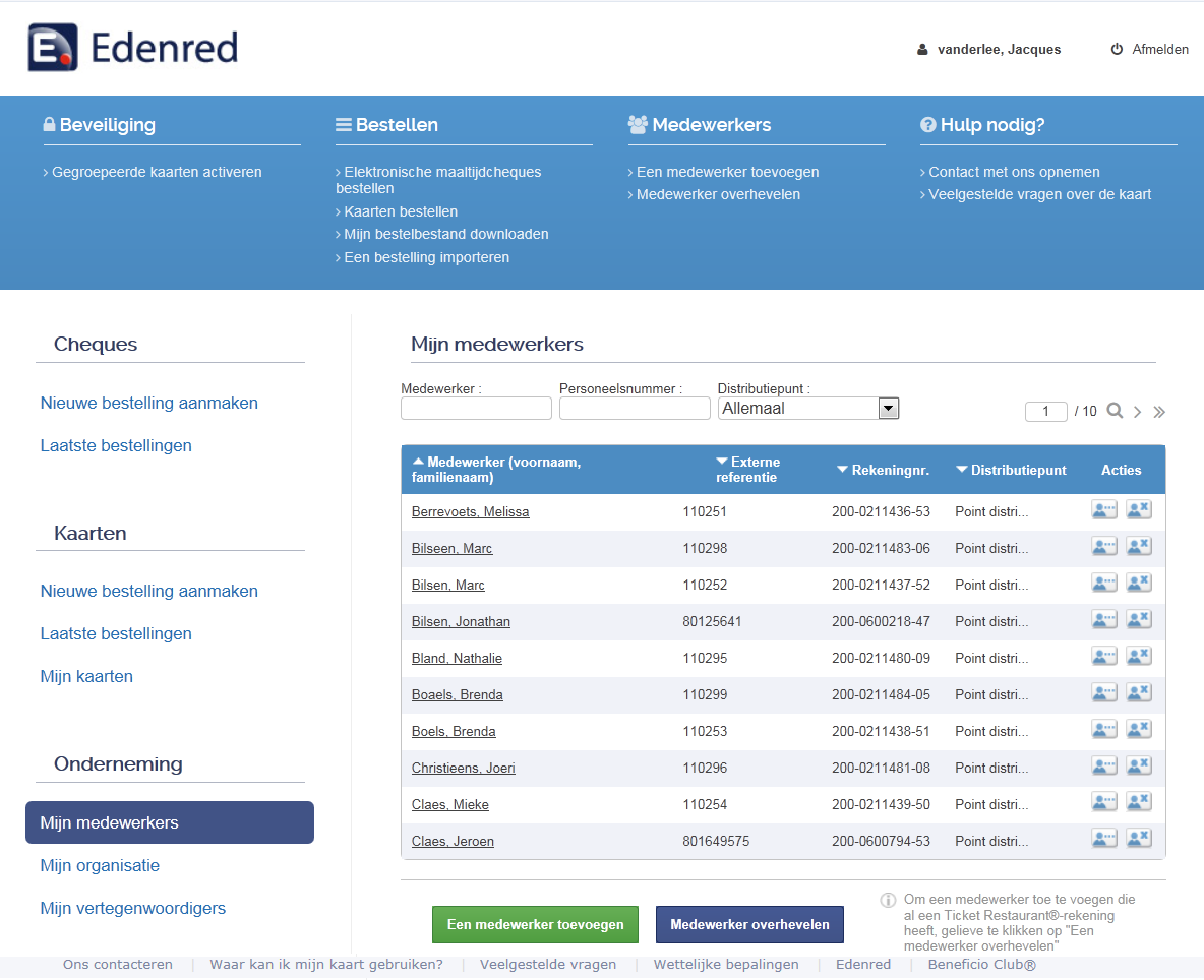 11.2 Mijn werknemers Het tabblad «Mijn werknemers» laat u toe om medewerkers toe te voegen, te verwijderen of te wijzigen.