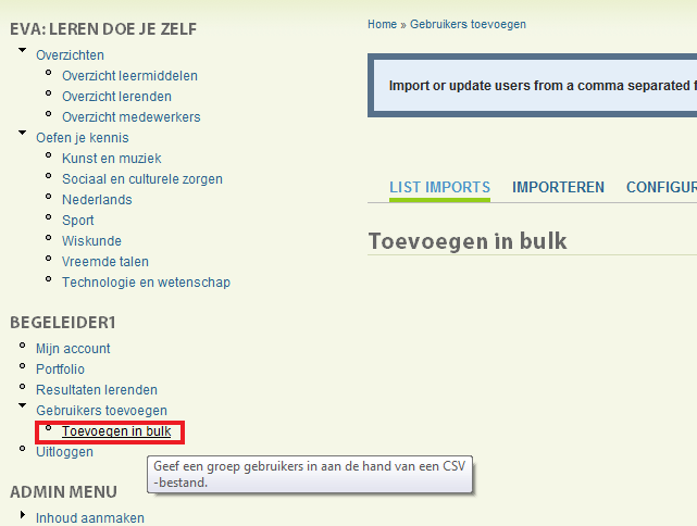 8 Gebruikers in bulk importeren 8.1. Het is mogelijk gebruikers in bulk te importeren aan de hand van een CSV-bestand.