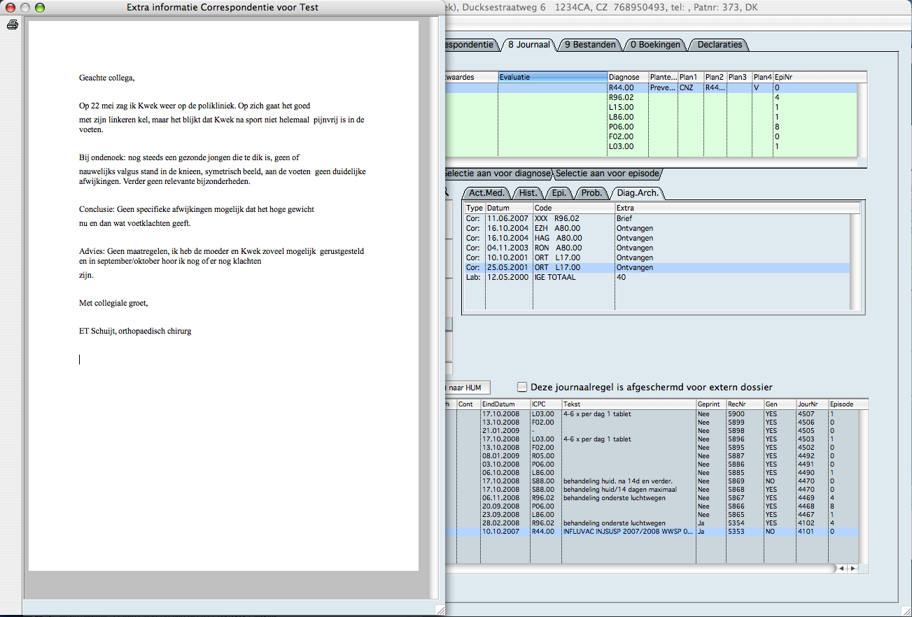 Patient administratie -> Journaal -> Inzien Diagn.