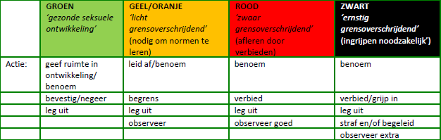 Het vlaggensysteem Om seksueel grensoverschrijdend gedrag te duiden en te beoordelen wordt in de JGZ richtlijn seksuele ontwikkeling gebruik gemaakt van het vlaggensysteem (Frans & Franck, 2010).