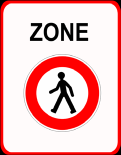 met witte achtergrond en een rode rand met in het midden een zwart gekleurde afbeelding van een voetganger) en verkeersbord C19 met zonale geldigheid (hetzelfde teken op een rechthoekig bord met