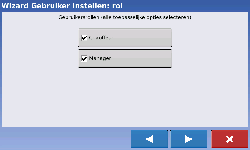 Door een gebruiker aan te maken met zowel Chauffeur als Manager rechten, komen alle functies beschikbaar (zoals kopakkers en grenzen).