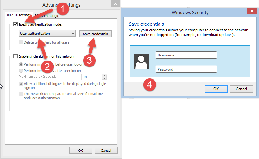 Turn on Specify authentication mode Change list to User authentication Click on Save credentials.