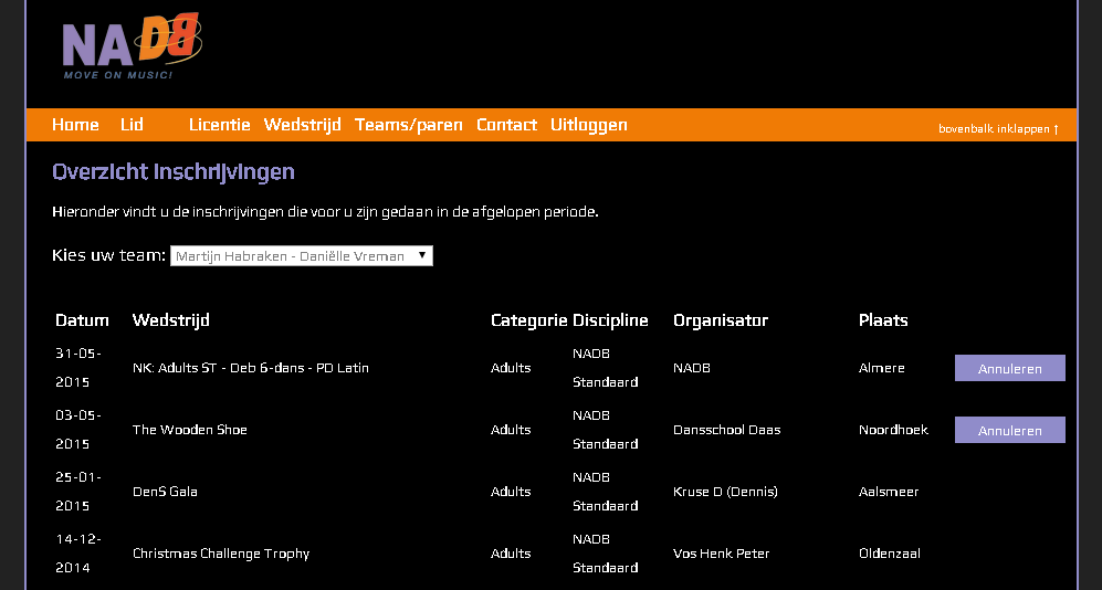 Overzicht Inschrijvingen Door uw muis boven op de Wedstrijd knop te houden ontvouwt zich de Overzicht Inschrijvingen knop.