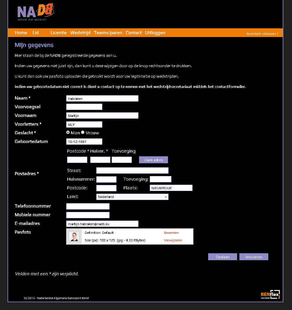 Persoonlijke gegevens toevoegen/wijzigen Vanaf de homepage kunt u via de knop Lid uw huidige gegevens zien zoals die bekend zijn bij de NADB.