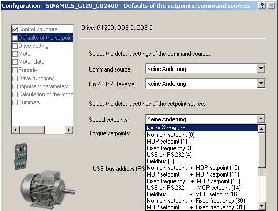 Command source 4 Met deze instelling kan je de omvormer bedienen via de RS 232 INTERFACE CABLE Command source 6 Met deze instelling kan je de omvormer bedienen via Profibus of Profinet afhankelijk