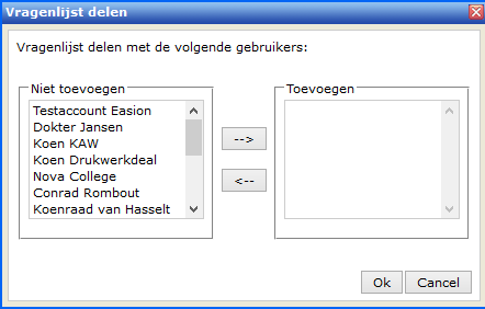 Wanneer u een vragenlijst wil delen met een andere moderator uit uw organisatie, selecteert u links in de tree in Mijn onderzoeken het onderzoek welke u wil delen.