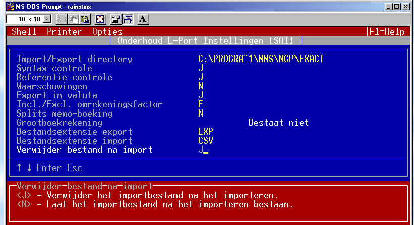 Exact voor Dos Controleer of de E-port instellingen overeenkomen met het onderstaande figuur. Pad S A I. Het pad van de Import/Export directory is afhankelijk van uw NGP installatie.