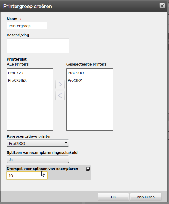 Virtuele printers maken 3 4. Typ of selecteer de waarden voor de vereiste en optionele eigenschappen die aan uw omgeving moeten worden aangepast.