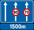 F83. Voorwegwijzer die een doorsteek van de middenberm aankondigt. F85. Verkeer toegelaten in beide richtingen op een deel van de rijbaan met eenrichtingsverkeer. F87. Verhoogde inrichting(en). F89.