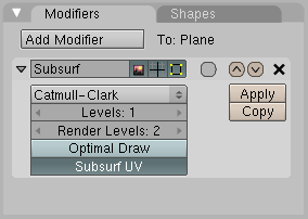 Onder in beeld zien we het Modifiers Panel (figuur 24). Hier staan diverse mesh modifiers. Klik op [Add modifier] en kies [Subsurf] Wij kiezen voor de SubSurf techniek (rood aangegeven in figuur 24).