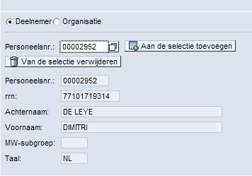 Kies de juiste persoon uit de lijst van deelnemers : Klik op «ok» : Klik vervolgens op «Aan de selectie toevoegen» : De detail van de deelnemer verschijnt : Opmerking U kan deze actie meerdere keren