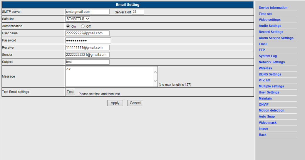 8. Instelling alarmnotificatie & E-mail, FTP 1) Het scherm voor e-mailconfiguratie dient ter voorbereiding van de alarmfunctie.