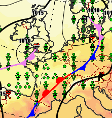 Een frontale zone ligt over Nederland en het oosten van België richting de oostelijke helft van Frankrijk. (opm.