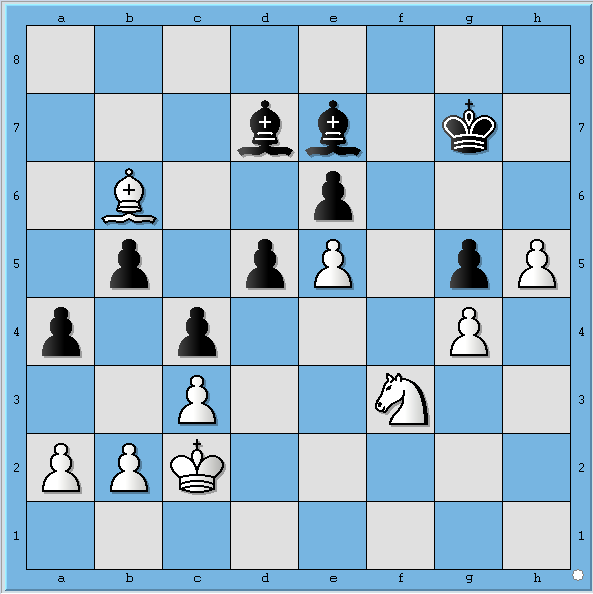 Jaap Smit Henri van Duijl 33. Lb6 - e3, Kg7 - h6 en biedt remise aan. 34. b2-b3, Le7 - d8 35. Le3 - c5, Ld7 - e8 36. Lc5 - f8+, Kh6-h7 37. Pf3-d4, Le8 - d7 38. b3 x a4, b5 x a4 39.