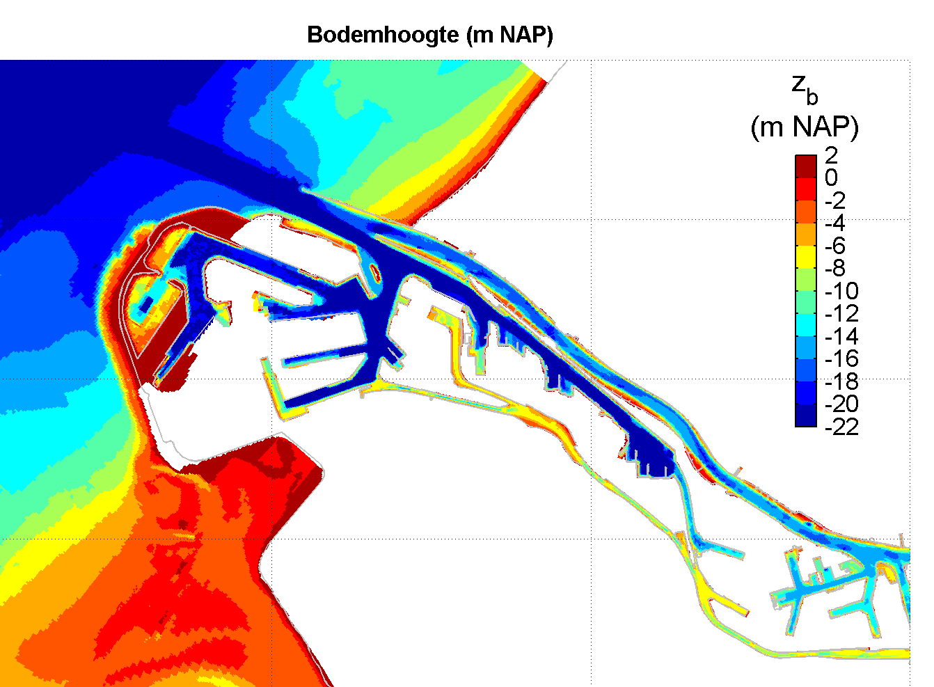 Figuur 2.7: Bodemligging in de Rijn-Maasmonding (modelbodem NSC-model, December 2014) De bodem in de Euro-Maasgeul, Maasvlaktes en Calandkanaal is over het algemeen dieper dan NAP -22 m.