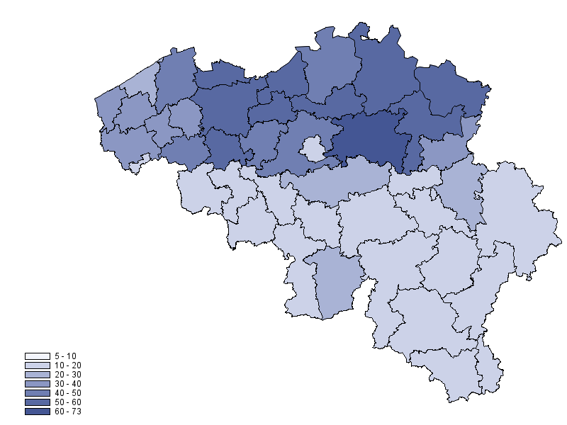 Geografische spreiding van de patiënten De geschatte prevalentie van personen met een neuromusculaire ziekte per arrondissement en per 100.000 inwoners ligt hoger in het noorden van België.