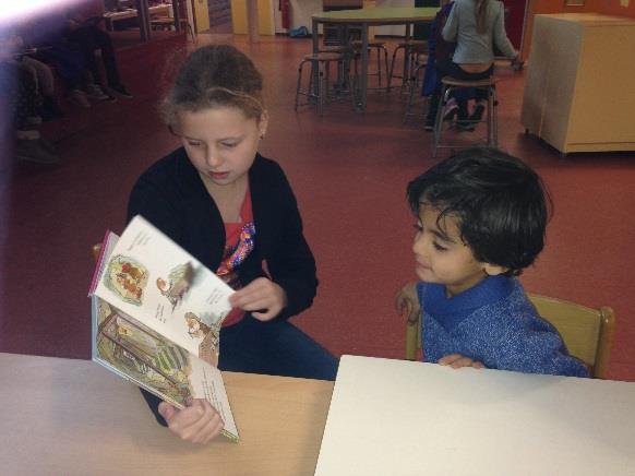 Groep 6 komt voorlezen in groep 1-2b Vorige week donderdag hebben wij bezoek gehad van de kinderen van groep 6. Zij kwamen in onze klas een prentenboek voorlezen.