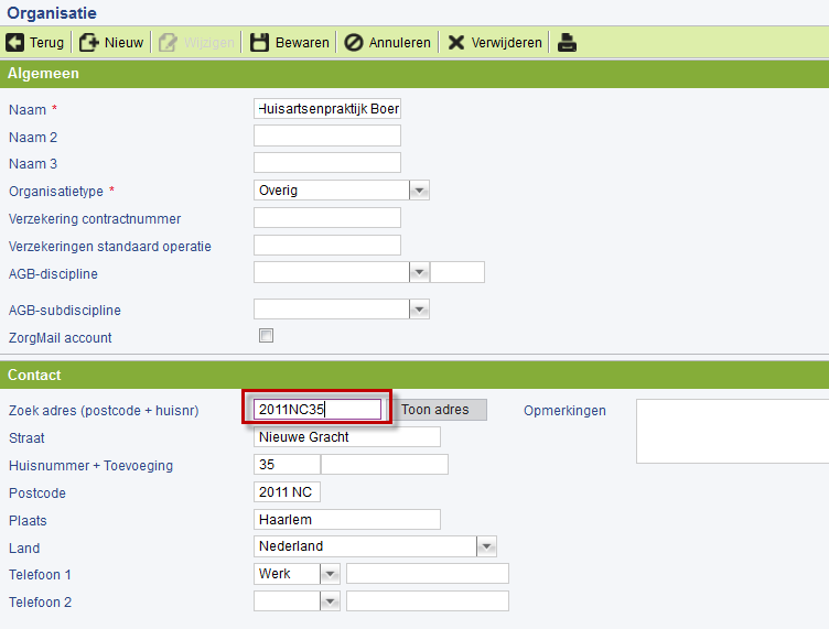 Figuur 7 Adresblok bij personen Postcode-Service bij Organisaties Organisatie: Dashboard Beheer Relaties Organisatie dubbelklikken op een organisatie.