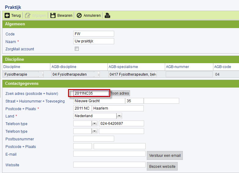 Postcode-Service bij Praktijken Figuur 10 Adresblok bij servicebureaus Praktijken : Dashboard Stamgegevens