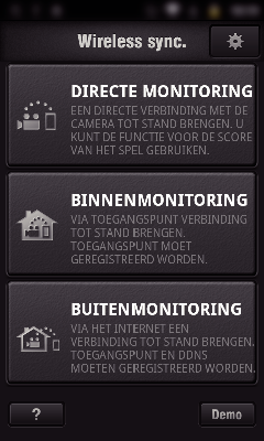 Gebruik van Wi-Fi door het aanmaken van een QR-code 1 Start Wireless sync op de smartphone nadat BUITENMONITORING is ingesteld 4 Tik op STARTEN (I) 0 Tik op STARTEN in BUITENMONITORING op de camera