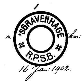 in plaats van de uurkarakters in een gewoon dagtekeningstempel van sgravenhage gebruikt ten behoeve van de Rijkspostspaarbank. sgravenhage R.P.S.B.